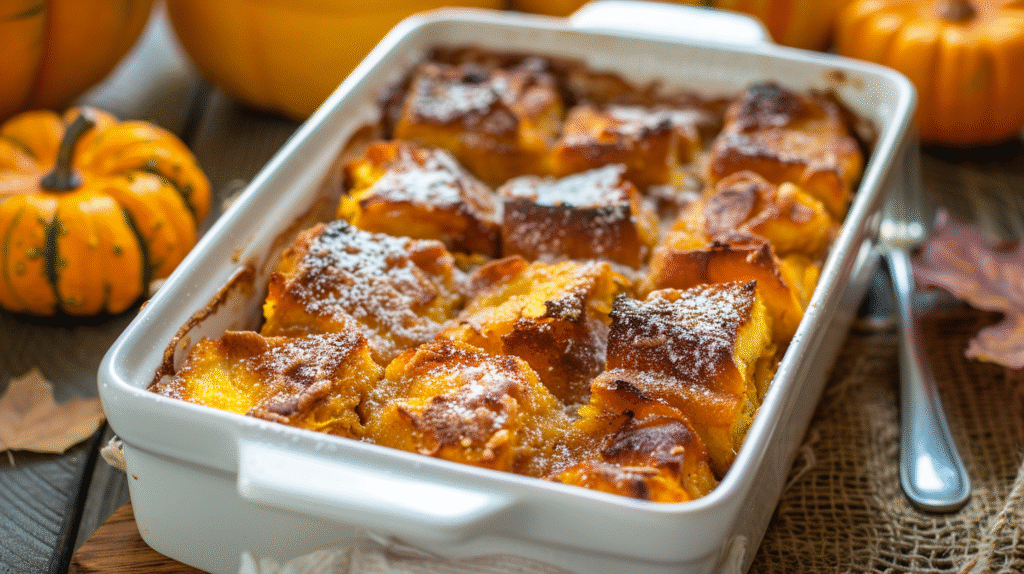 Pumpkin french toast casserole in a baking dish with a golden, crisp top.