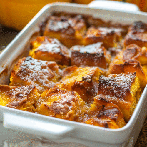 Pumpkin french toast casserole in a baking dish with a golden, crisp top.