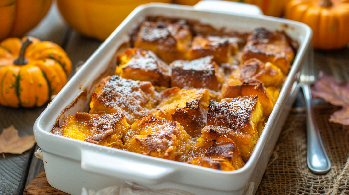 Pumpkin french toast casserole in a baking dish with a golden, crisp top.