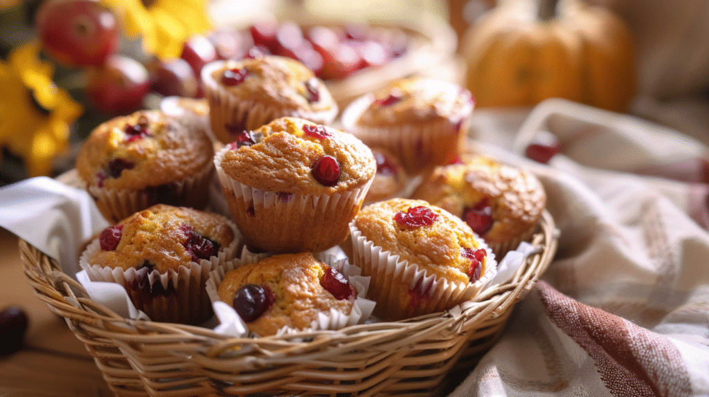 Basket of golden cranberry pumpkin muffins with rustic fall decor.