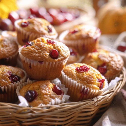 Basket of golden cranberry pumpkin muffins with rustic fall decor.