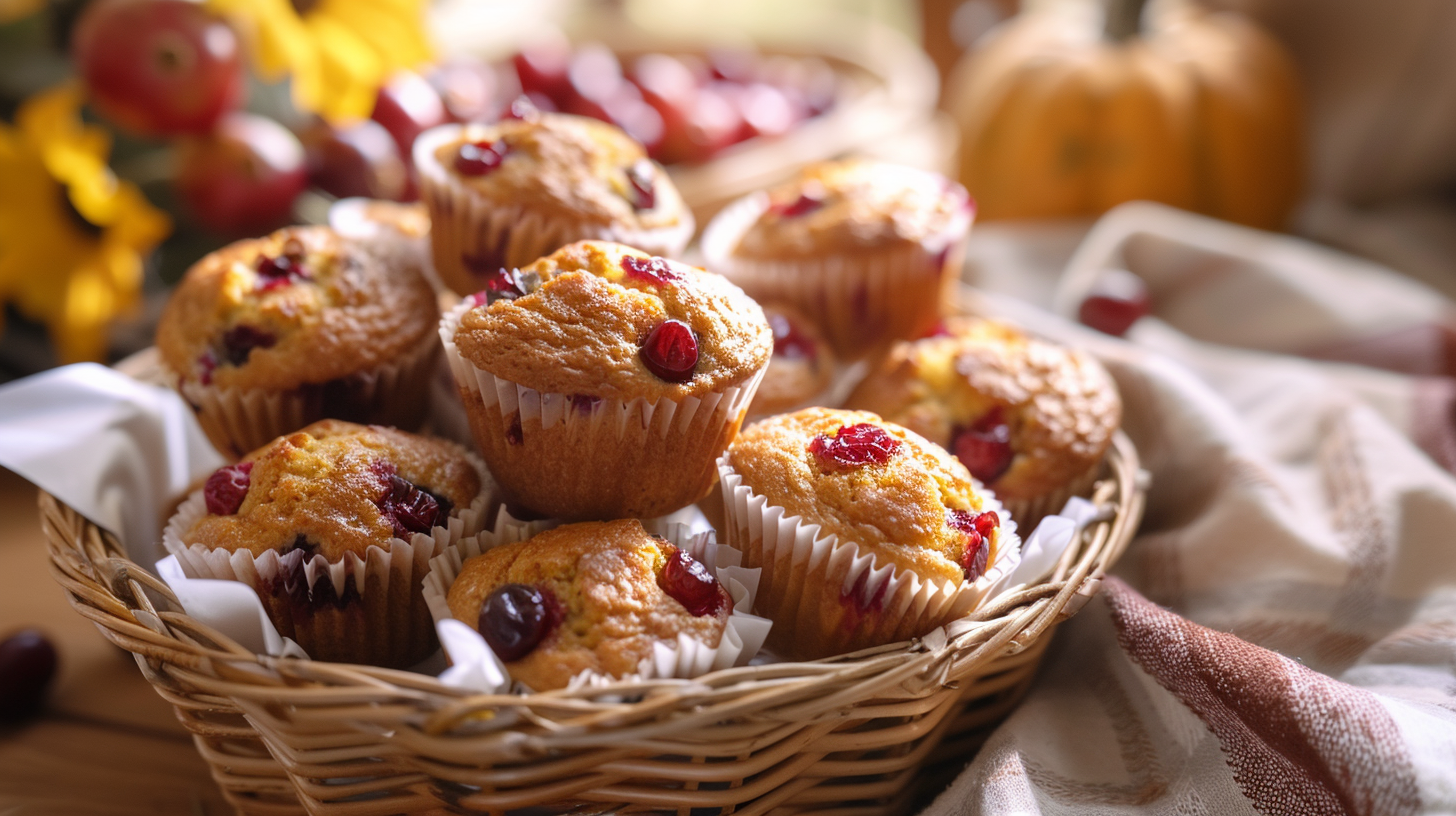 Basket of golden cranberry pumpkin muffins with rustic fall decor.