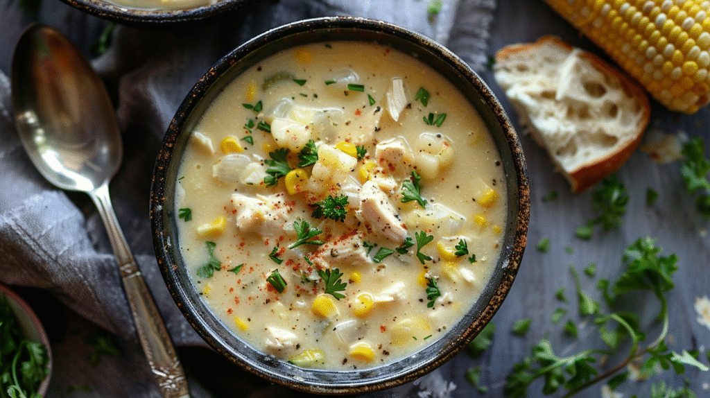 Creamy Crockpot Chicken Corn Chowder filled with tender chicken, corn, and potatoes.