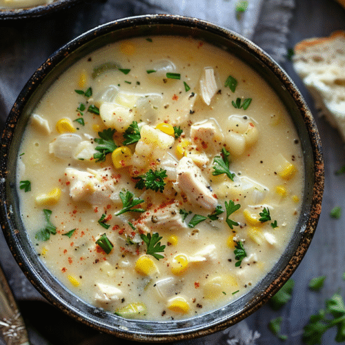 Creamy Crockpot Chicken Corn Chowder filled with tender chicken, corn, and potatoes.