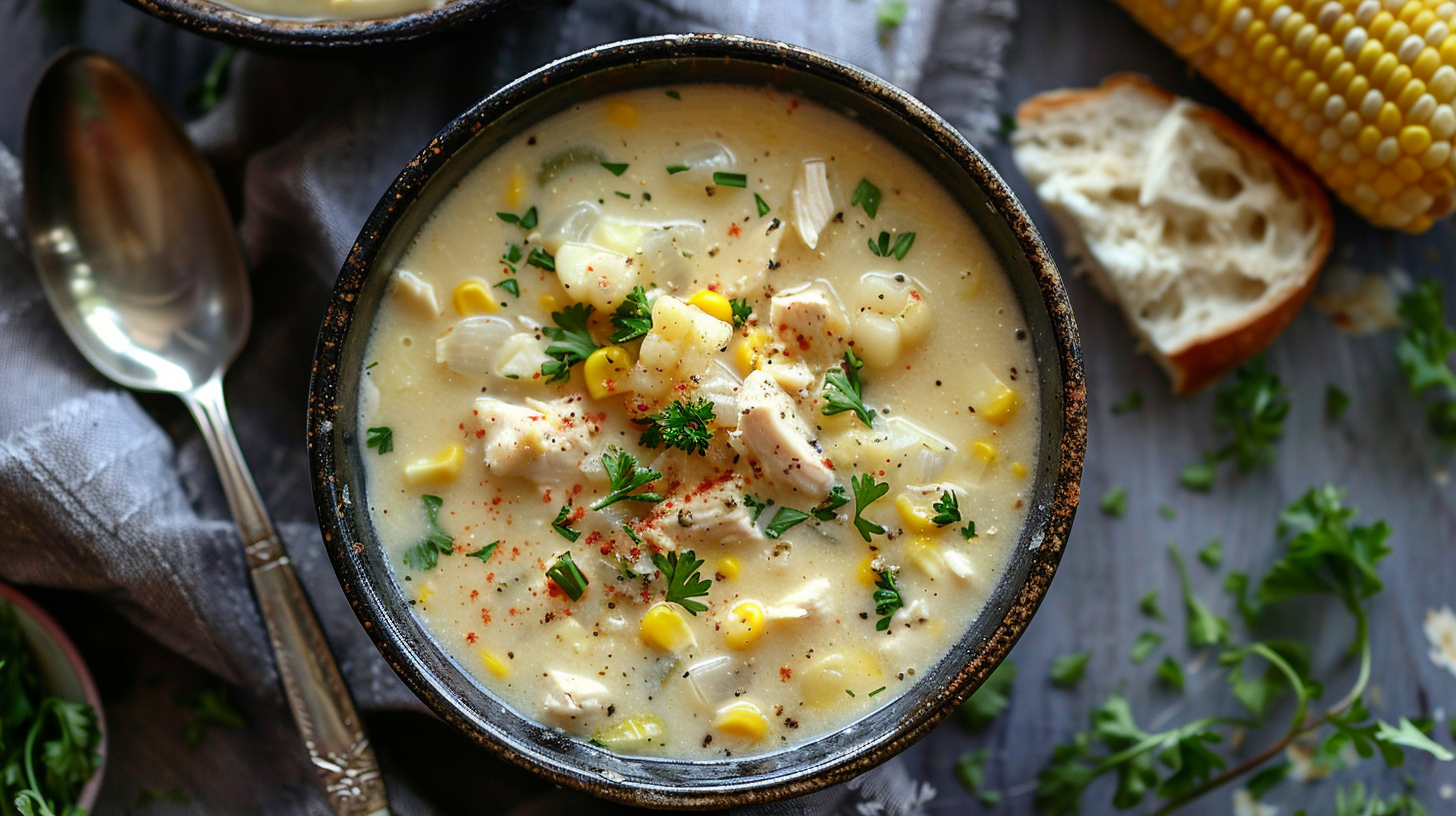 Creamy Crockpot Chicken Corn Chowder filled with tender chicken, corn, and potatoes.