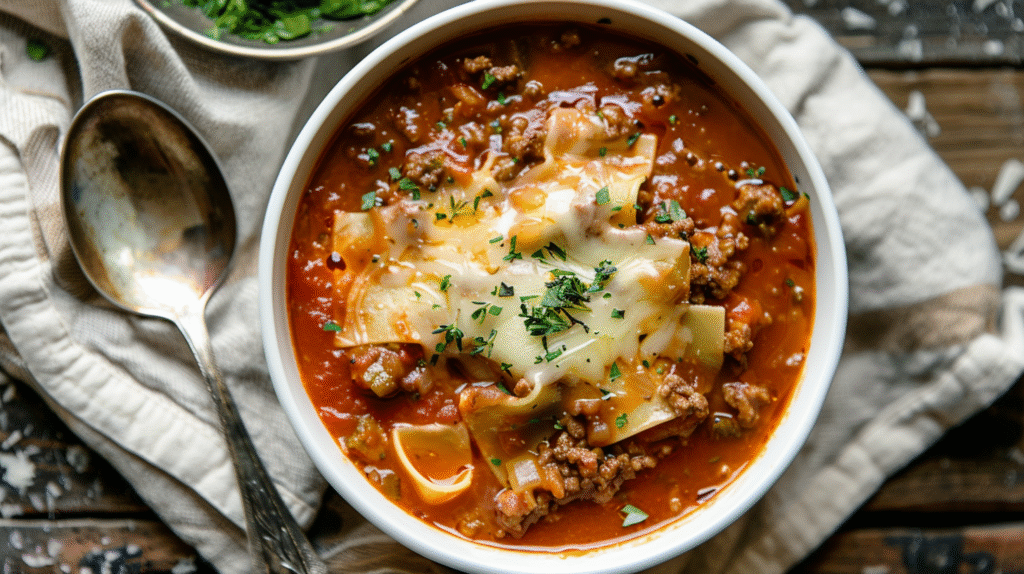 Bowl of hearty crockpot lasagna soup featuring ground beef, noodles, and melted cheese.