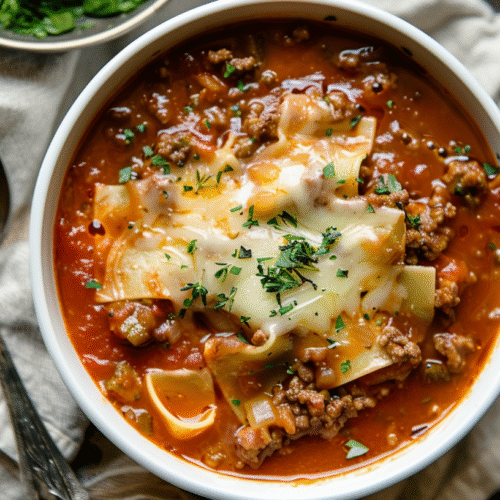 Bowl of hearty crockpot lasagna soup featuring ground beef, noodles, and melted cheese.