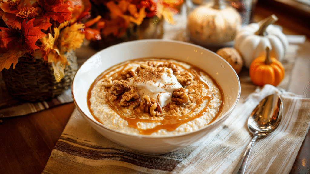 Bowl of Pumpkin Cream of Wheat topped with spices and cream