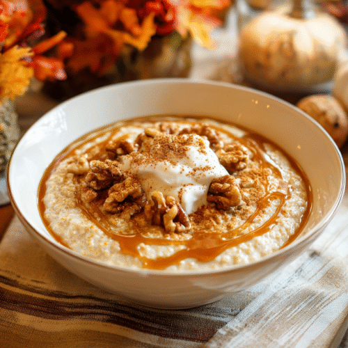 Bowl of Pumpkin Cream of Wheat topped with spices and cream
