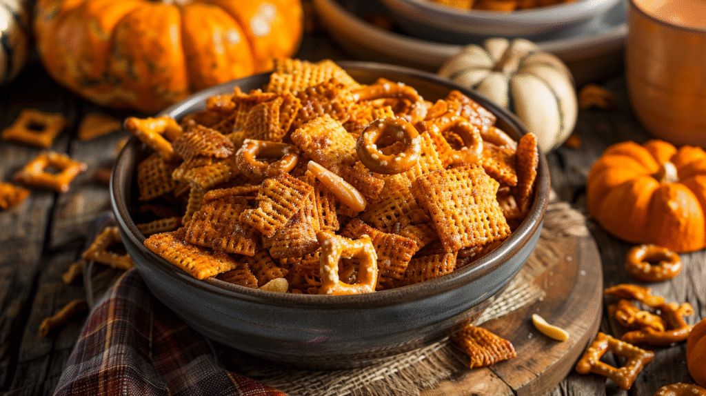 A bowl of homemade Pumpkin Spice Chex Mix with seasonal spices and crunchy ingredients