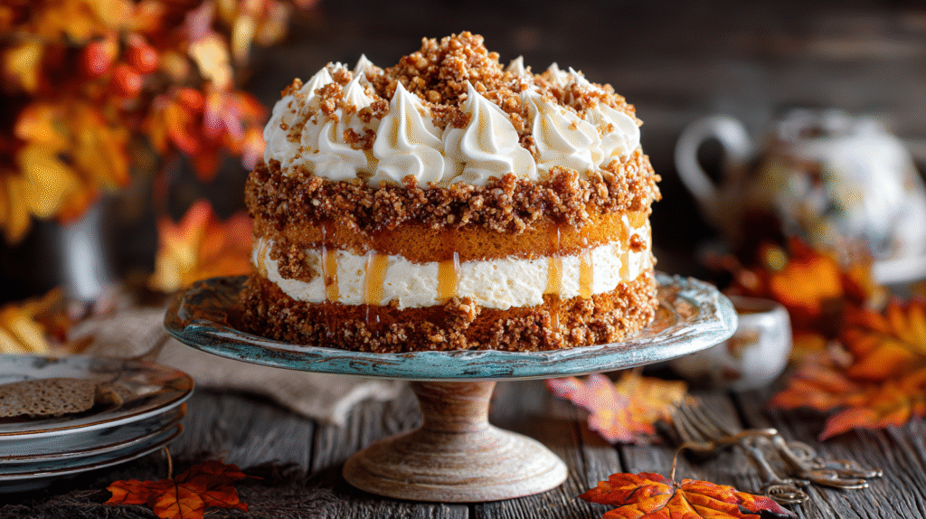 Delicious slice of Praline Pumpkin Torte with a crunchy praline topping