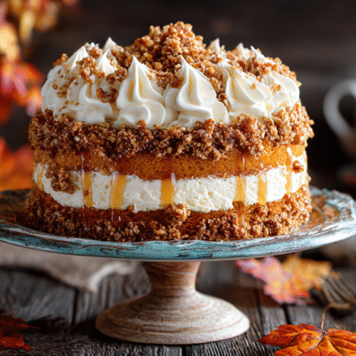 Delicious slice of Praline Pumpkin Torte with a crunchy praline topping