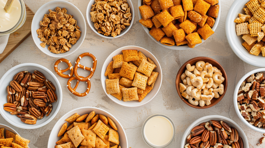 Overhead view of sweet and salty pumpkin spice Chex mix with cereal, pretzels, and nuts on a rustic fall table.

