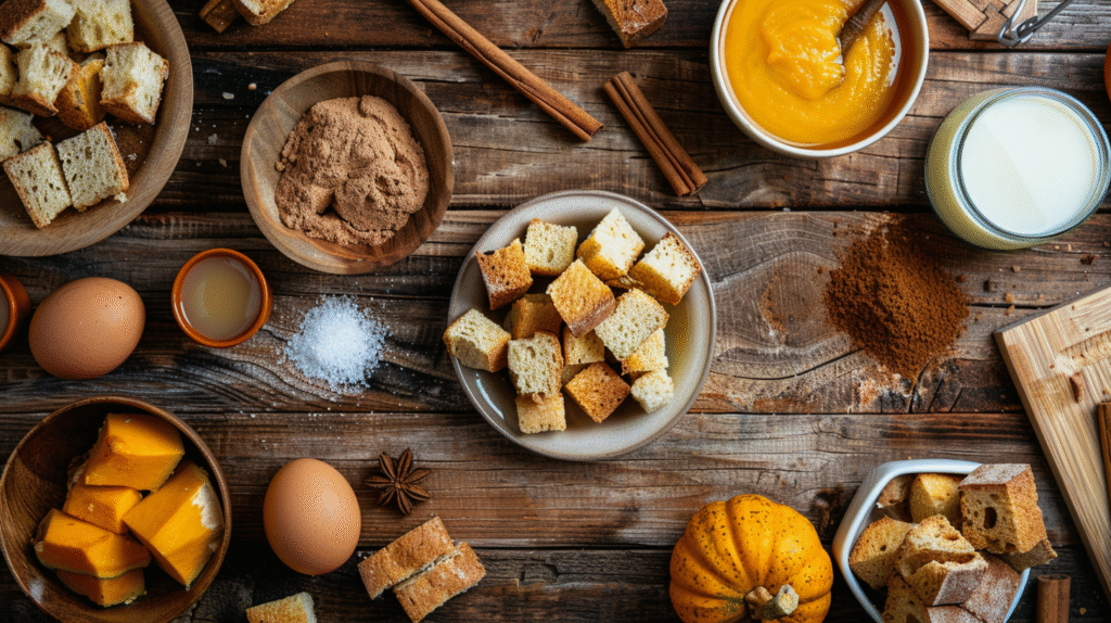Ingredients for pumpkin french toast casserole laid out on rustic table.