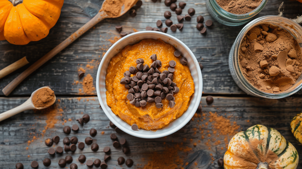 pumpkin chocolate chip bread sliced on a wooden board, chocolate chips melting inside, cozy fall setup with soft beige napkin
