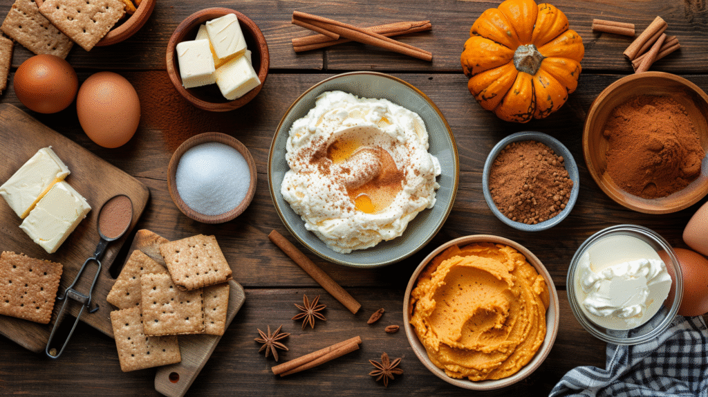 Baking ingredients for pumpkin cheesecake laid out on rustic wooden table.