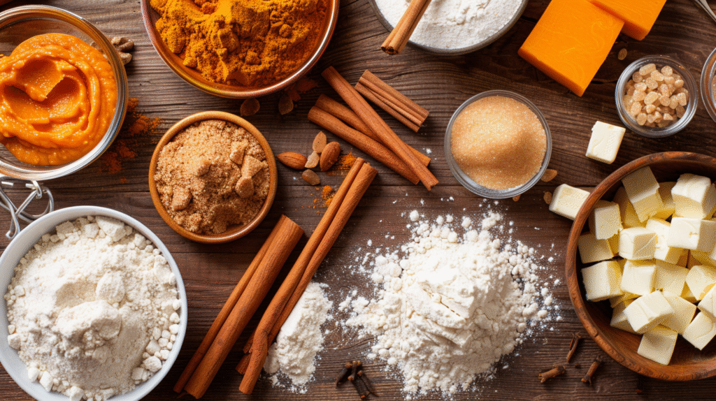 Ingredients for pumpkin cinnamon buns on rustic table.