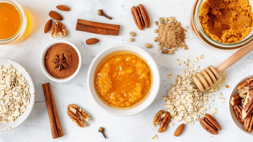 Bowls of oats, pumpkin puree, and spices.