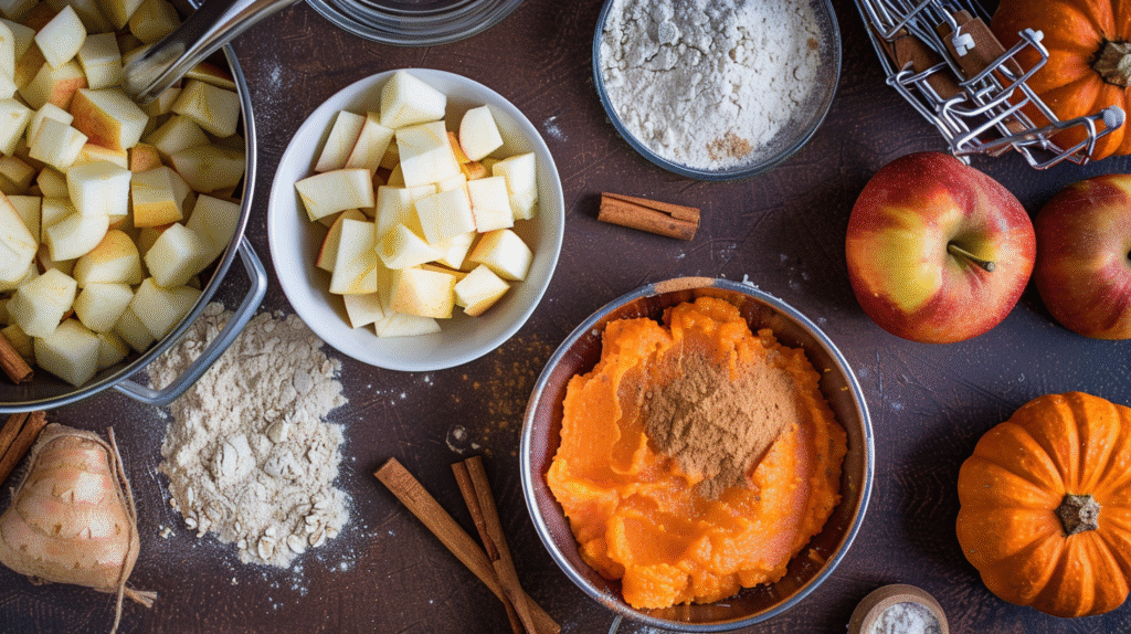 Ingredients for pumpkin apple muffins on wooden table.