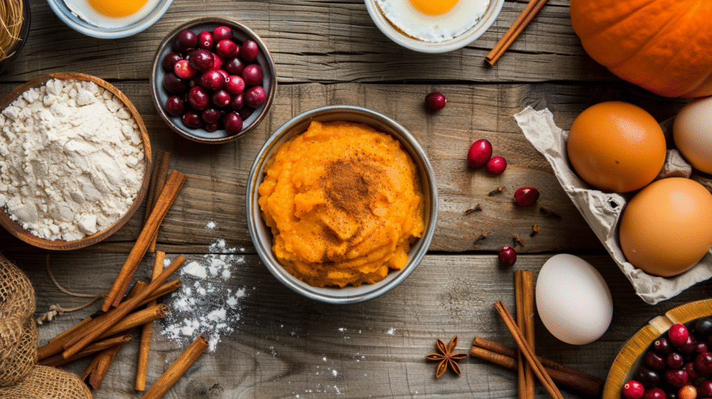 Overhead shot of pumpkin puree, cranberries, flour, and spices on a wooden table.
