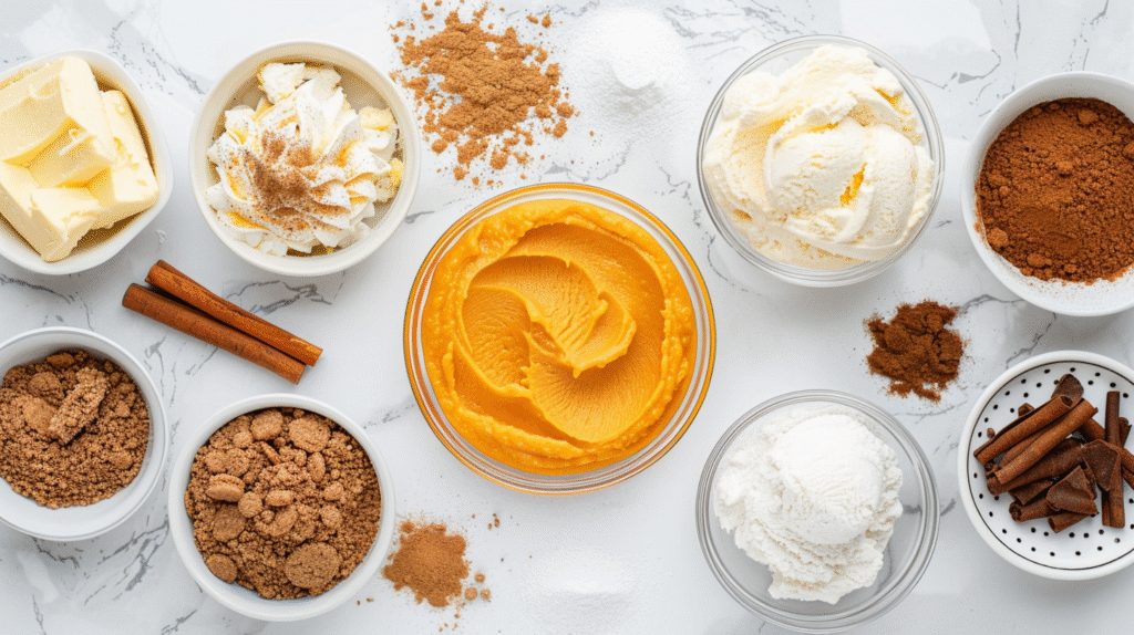 Ingredients for pumpkin ice cream pie on wooden table.