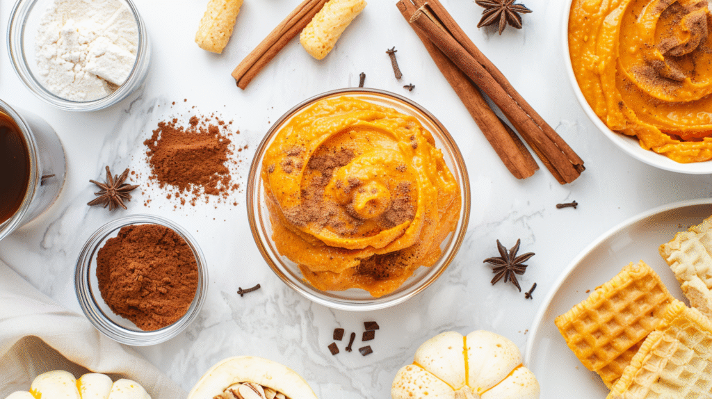Ingredients for pumpkin tiramisu arranged on wooden table.