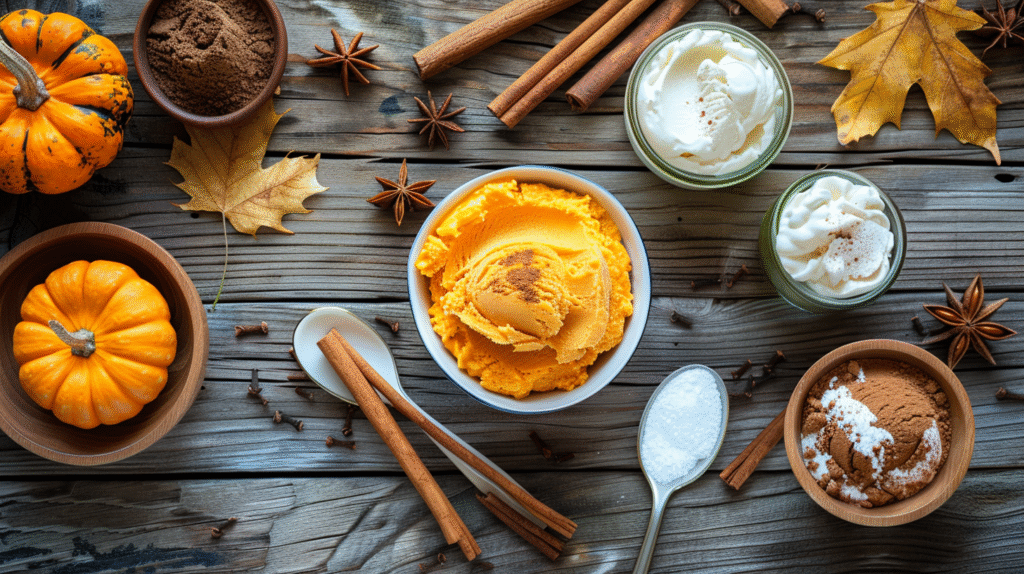Ingredients for pumpkin milkshake arranged on a rustic table.