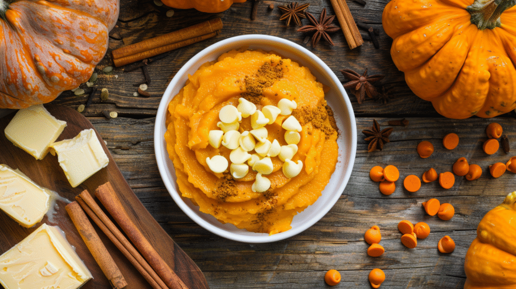 Baking ingredients for pumpkin fudge arranged on a rustic table.