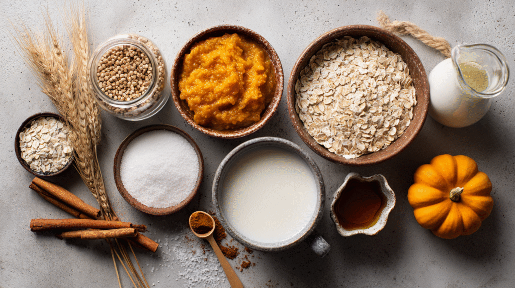 flat lay of wheat cereal, pumpkin puree, maple syrup, cinnamon, milk, vanilla – cozy fall breakfast ingredients