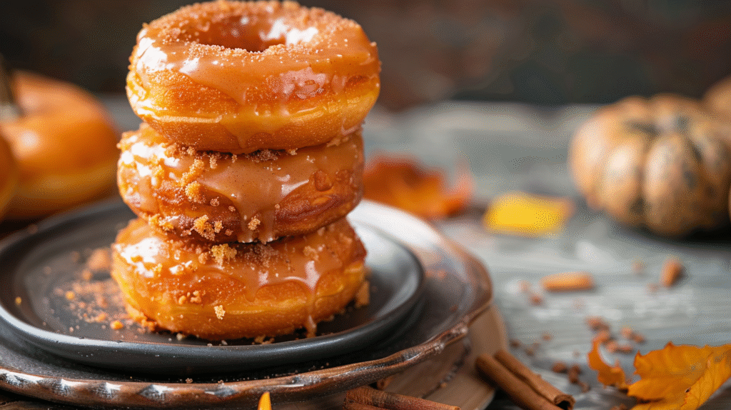 Stack of frosted pumpkin doughnuts with cinnamon sprinkle on rustic plate.