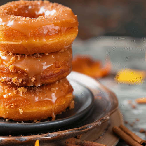 Stack of frosted pumpkin doughnuts with cinnamon sprinkle on rustic plate.