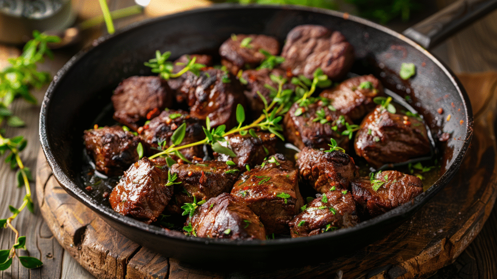 Delicious garlic butter beef bites served sizzling in a buttery garlic sauce.
