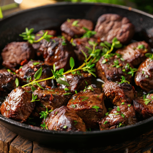 Delicious garlic butter beef bites served sizzling in a buttery garlic sauce.