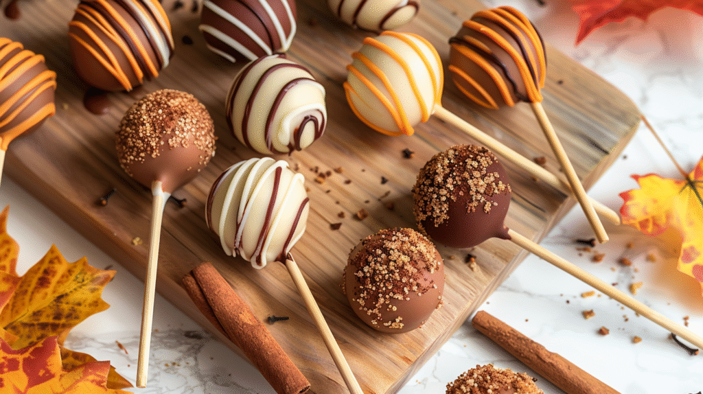 Delicious pumpkin cake pops with festive sprinkles on a wooden table