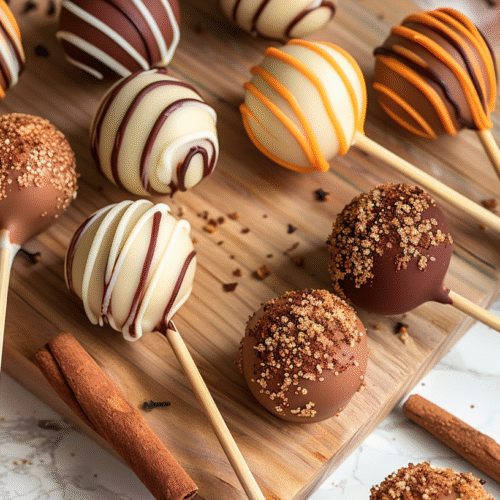 Delicious pumpkin cake pops with festive sprinkles on a wooden table
