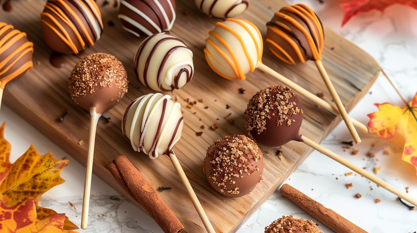 Delicious pumpkin cake pops with festive sprinkles on a wooden table