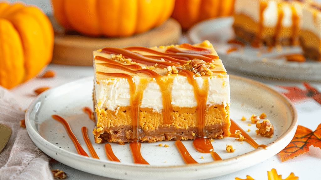 Layered pumpkin cheesecake bars topped with whipped cream and pumpkin spice.