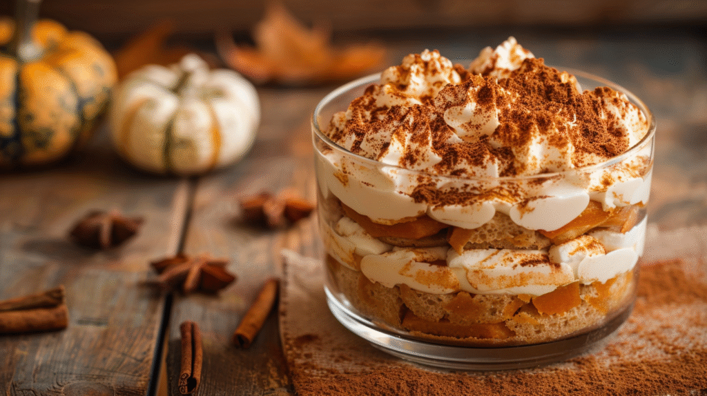 Delicious Pumpkin Cream Tiramisu garnished with cinnamon and pumpkin spice.