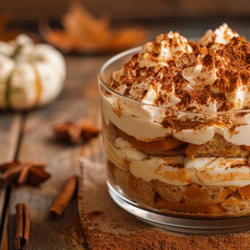 Delicious Pumpkin Cream Tiramisu garnished with cinnamon and pumpkin spice.