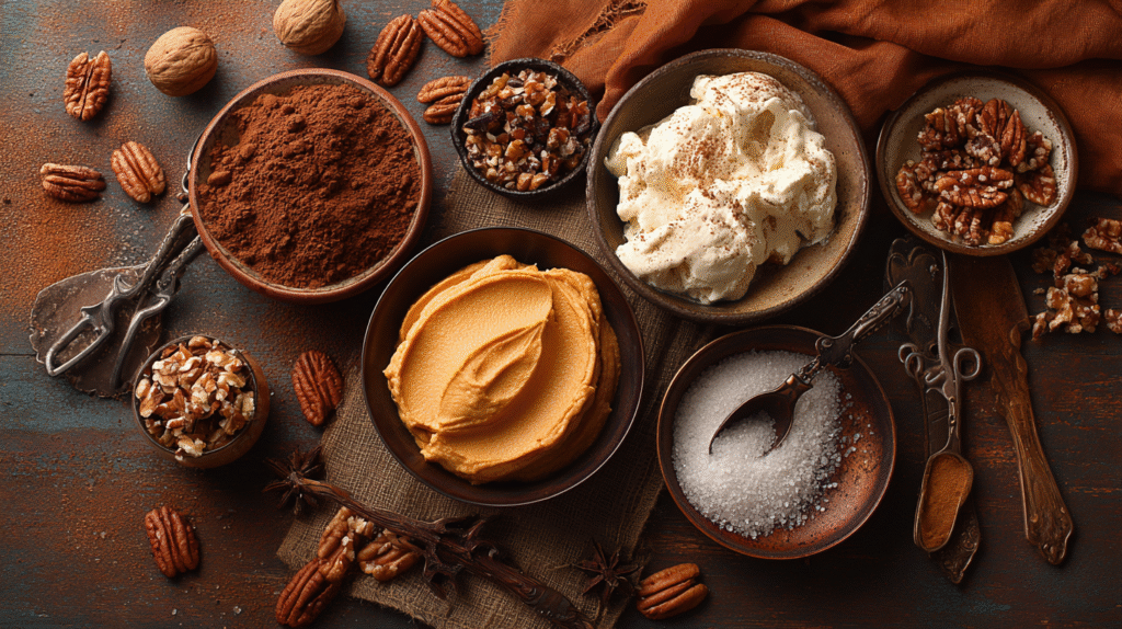 praline, pumpkin puree, cream cheese, spices, pecans – flat lay on rustic table with warm tones
