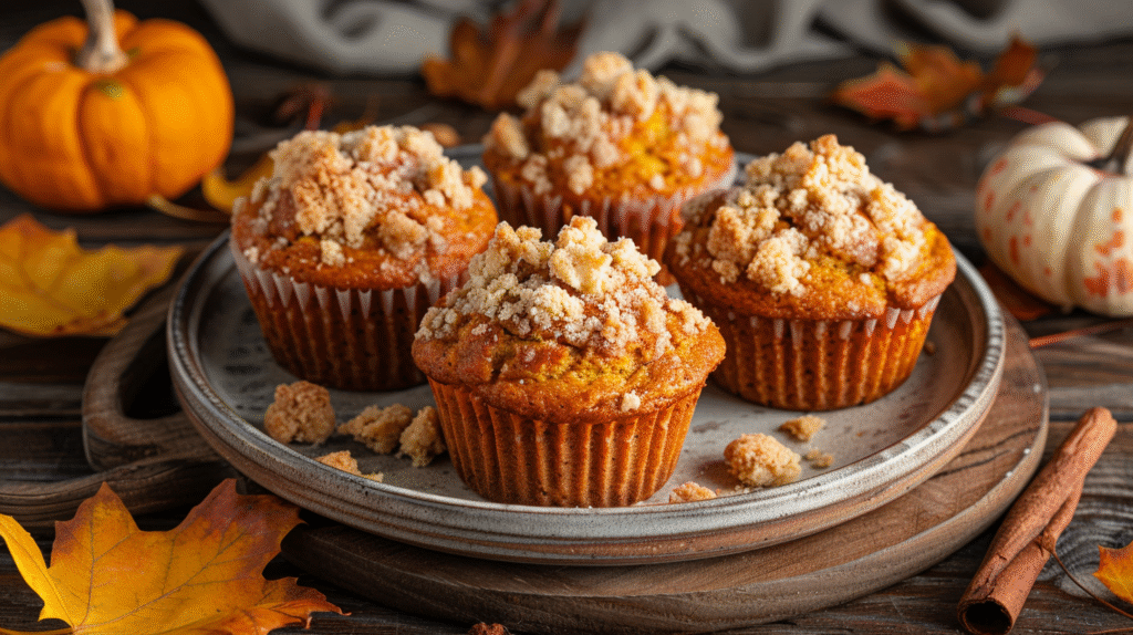 Delicious Pumpkin Apple Muffins with Streusel Topping on a rustic wooden table