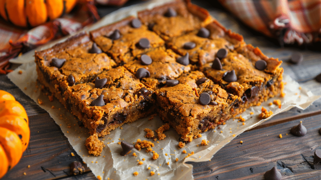 Delicious pumpkin chocolate chip bars topped with chocolate chips