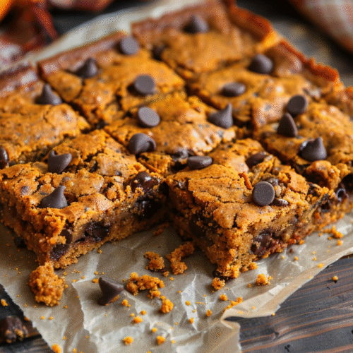 Delicious pumpkin chocolate chip bars topped with chocolate chips