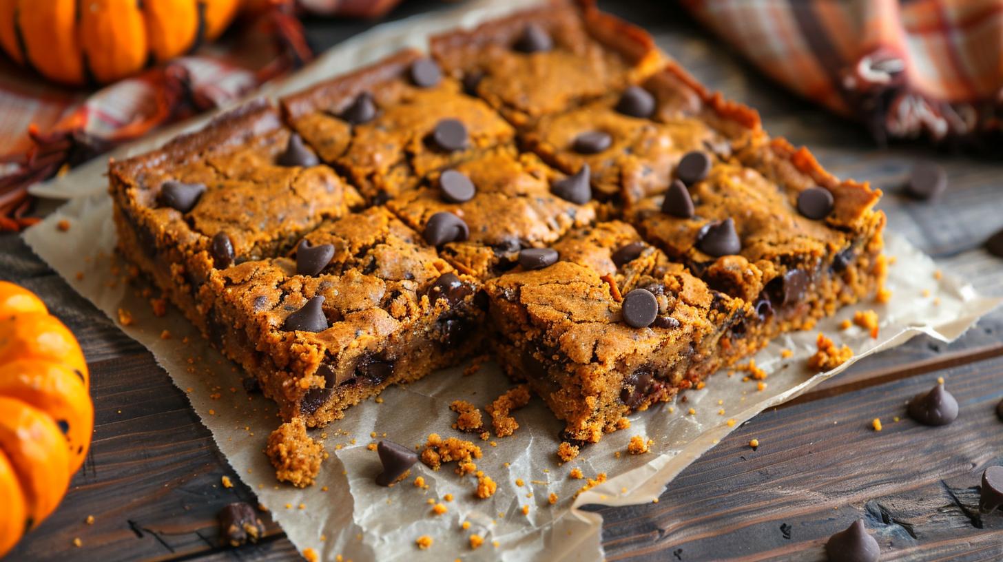 Delicious pumpkin chocolate chip bars topped with chocolate chips