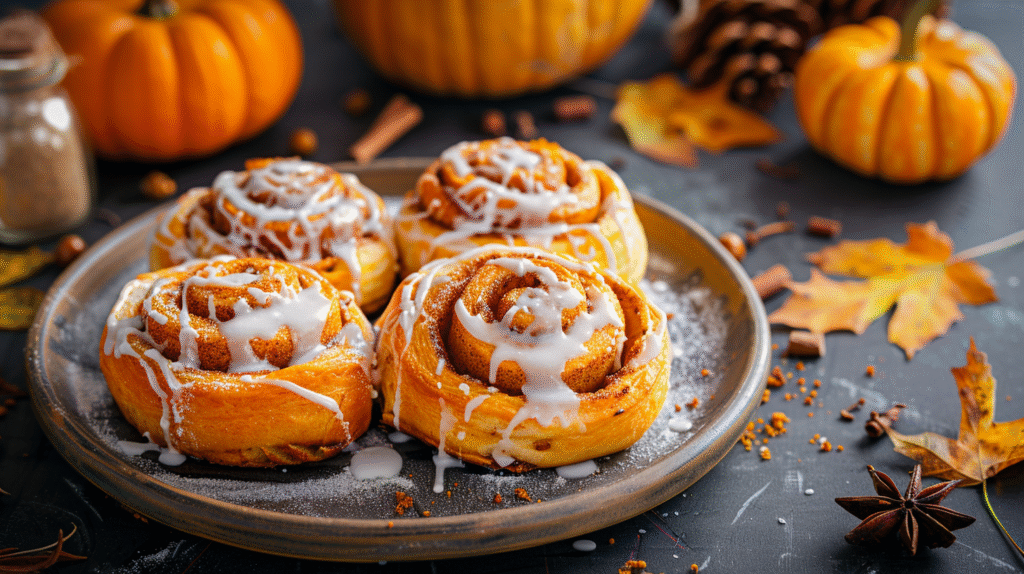 Pretty Pumpkin Cinnamon Buns freshly baked with layers of cinnamon and pumpkin spice.