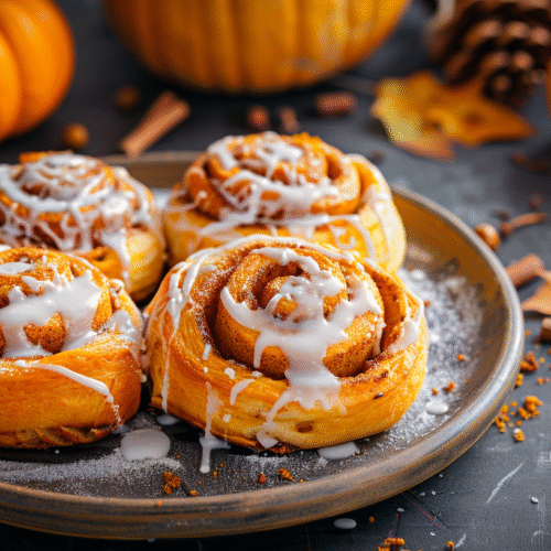 Pretty Pumpkin Cinnamon Buns freshly baked with layers of cinnamon and pumpkin spice.