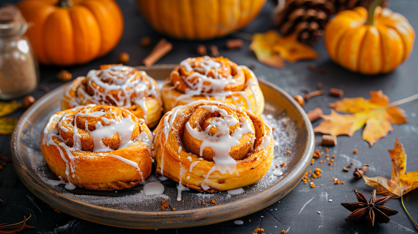 Pretty Pumpkin Cinnamon Buns freshly baked with layers of cinnamon and pumpkin spice.