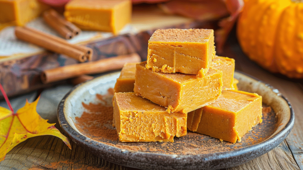 Pumpkin fudge squares on a rustic ceramic plate with cinnamon sticks.
