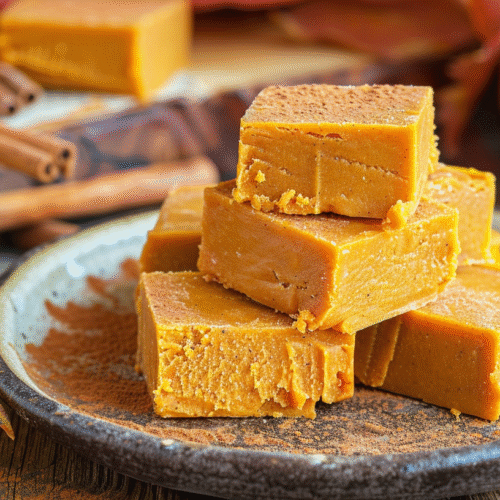 Pumpkin fudge squares on a rustic ceramic plate with cinnamon sticks.
