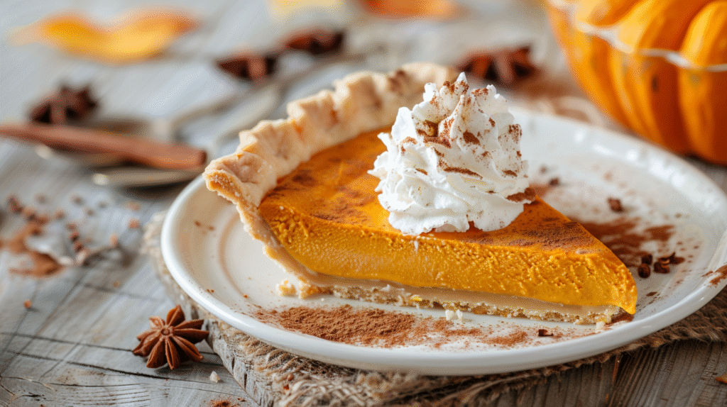 Delicious Pumpkin Ice Cream Pie topped with whipped cream and cinnamon